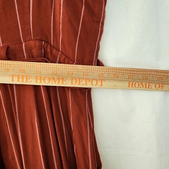 Three Floor Margaux Burgundy Rust Striped Sleeveless Ruffle Belted Jumpsuit Sz 8 - Picture 6 of 12